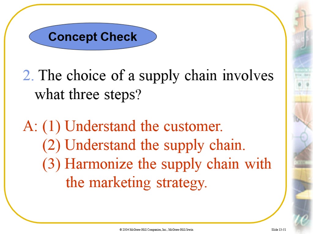 Slide 13-51 2. The choice of a supply chain involves what three steps? A: